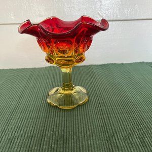 Vintage LE Smith or Fenton Amberina Ruffled Pedestal Compote, Mid Century Modern